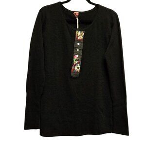 Free People Wool Black Long Sleeve Knit Tunic Floral Embroidered Henley Button P